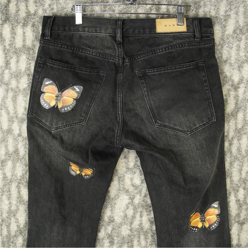 MNML Straight Leg Jeans Womens Size 32x30 Black Butterfly Print 5 Pocket Raw Hem - Picture 3 of 11